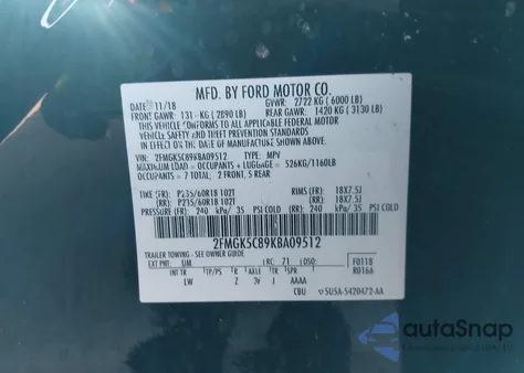 2019 Ford Flex Sel из США, поврежденный, VIN 2FMGK5C89KBA09512